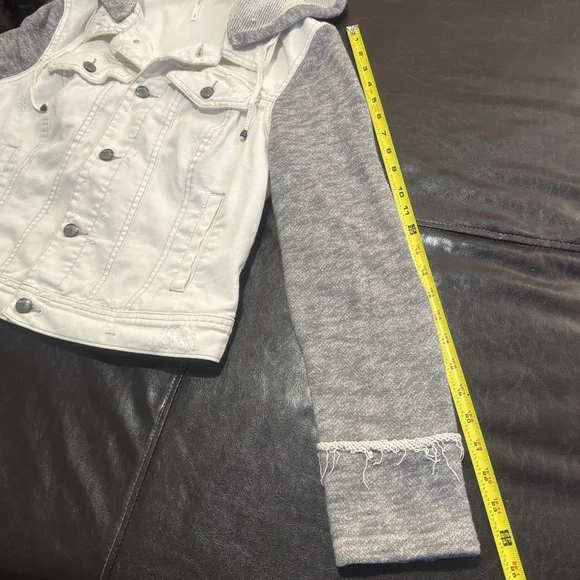 Free People Knit Sleeve Distressed Denim Jacket Size:M Removable Hood Women - Picture 10 of 13